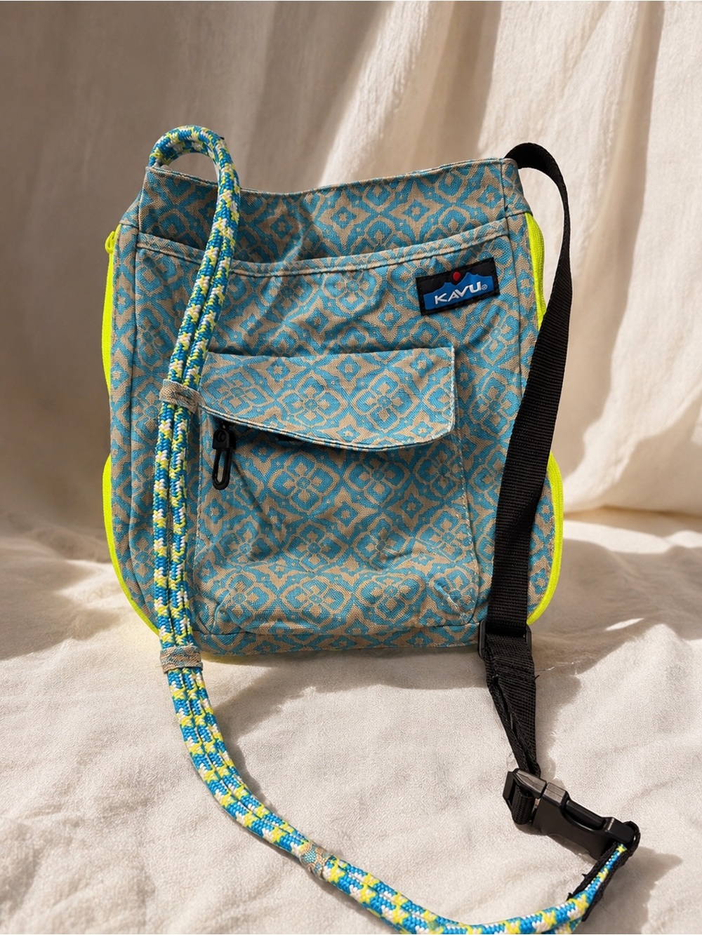 KAVU Keeper Canvas Crossbody Bag Desert Mosaic Pattern Turquoise Neon Yellow